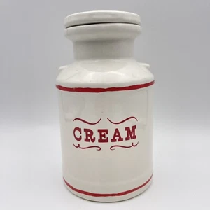 Vtg CREAM JAR PITCHER white & red jug Pottery canister w/ lid 48 oz Farmhouse - Picture 1 of 12