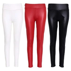 Womens High Waist Faux Leather Stretchy Pencil Pants Shiny Matte Leggings - Picture 1 of 9