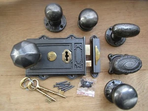 SOLID CAST IRON Door Rim Knob & rim lock rustic vintage country cottage handles - Picture 1 of 7