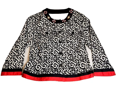 Ruby Rd Blouse Blazer Top Sz 6 Black White Red Beaded Button 3/4 Sleeve NWOT - Image 1 of 4
