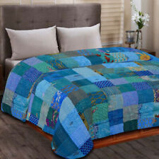 Indian Vintage Silk Patola Sari Patchwork Kantha Quilt Twin Bedspread Home Decor