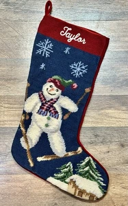 VTG Needlepoint Christmas Stocking Snowman Personalized Taylor 20” Wool Velvet - Picture 1 of 7