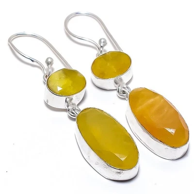 Giallo Onice Gemma Fatto a Mano 925 Argento Sterling Gioielli Orecchino 5.3cm - Immagine 1 di 4
