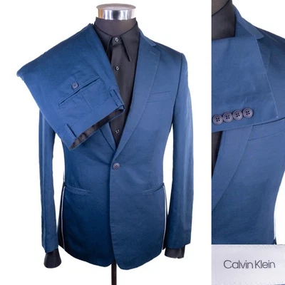 Calvin Klein DELGADO Talla 2 Piezas Algodón/Lino Traje Blazer Chaqueta Talla 38S Pantalones 32X28 Foto 1 de 4
