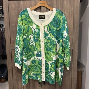 Bob Mackie Wearable Art 3X Cardigan Sweater Green White Floral 3/4 Sleeves - Picture 1 of 11