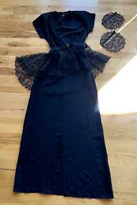 1940's Czarna sukienka koktajlowa Koronka Peplum Talia z paskiem i nadgarstkami Vintage