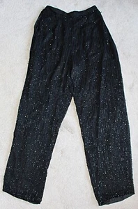 Vintage 80s Glam Rock - Shomax Beaded Sequin Silk Channel Pants, Black, Med - Picture 1 of 11