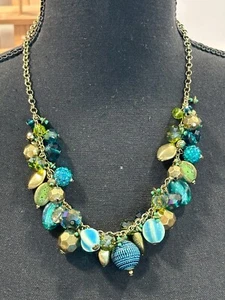 Chico's Gold Tone and Blue Glass Beaded Necklace 16-18" Bold - Picture 1 of 5