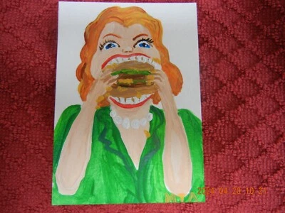 ACEO Original Burger eater big mouth huge bite painting acrylic on paper - Image 1 of 3