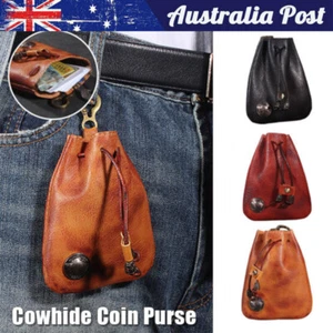 Vintage Real Leather Drawstring Wallet Coin Purse Money Pocket Pouch Small Bag - Picture 1 of 17