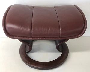 EKORNES STRESSLESS Footstool, Burgundy Red Leather, Dark Wood Classic Base - Picture 1 of 12