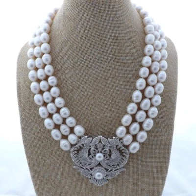 Collar colgante de perlas de arroz blanco K122210 18"" 3 hilos circonita cúbica Foto 1 de 4