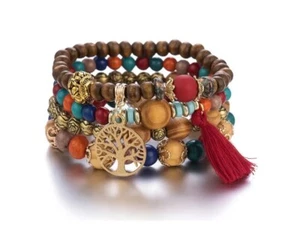 Armband mit Lebensbaum Holzperlen 4 fach bunt verziert ideal Geschenk stylisch - Bild 1 von 1