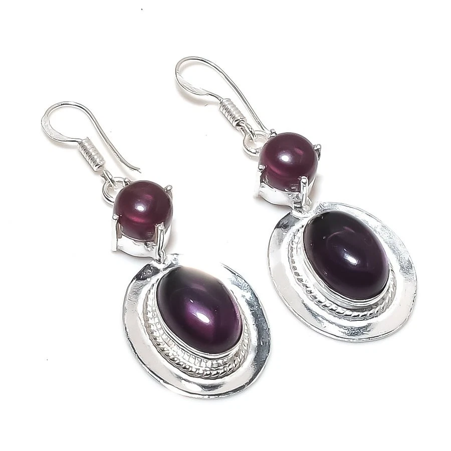 Purple Amethyst Gemstone Handmade 925 Sterling Silver Jewelry Earring Size 2" - Image 1 of 1