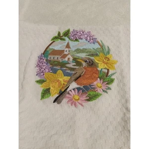 Embroidered Kitchen Towel Robin Bird Church Floral Cottagecore Decor - Picture 1 of 1