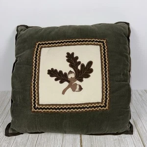 Woolrich Pillow Corduroy Leather Embroidery Hunter Green Rustic Leaves Acorns - Picture 1 of 4