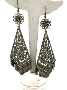 Orecchini pendenti pendenti pesanti filigrana art deco ottone massiccio vintage - Foto 1 di 11