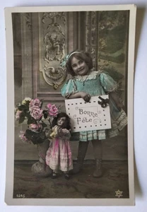 Antique French Postcard Colored Little Girl with Doll Bonne Fète - Picture 1 of 2