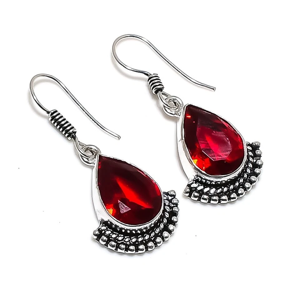 Red Garnet Gemstone Handmade 925 Sterling Silver Jewelry Earring Size 1.45" - Image 1 of 1
