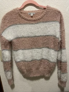 Moral Fiber Women’s Striped Eyelash Knit Sweater Size M Pink White Silver Fuzzy - Picture 1 of 6