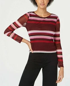 Bar III Womens XXL Burgundy Striped Sheer Long Sleeve Scoop Neck Top NWT W57 - Picture 1 of 6