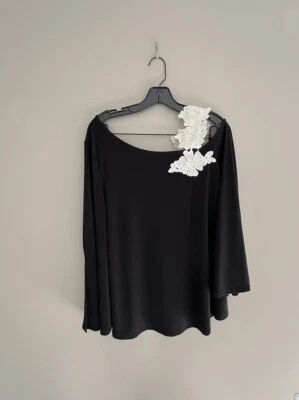 Blusa ALFANI Mujer Elastizada Poli Un Hombro Floral Encaje Negro Blanco S Foto 1 de 4