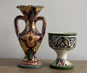 2 Vintage Safi Morocco Vase Goblet Cup Hand Painted Signed Moroccan Art Pottery - Picture 1 of 8