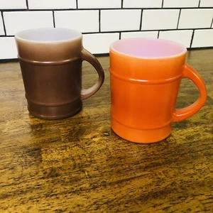 ANCHOR HOCKING FIRE KING (LOT OF 2) RANGER BARREL MUGS BROWN ORANGE Milk Glass - Picture 1 of 4