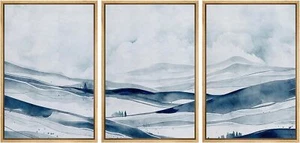 Wall26 Blue Tones Panoramic View Wall Art Abstract Framed Canvas Print Set of 3 - Picture 1 of 7