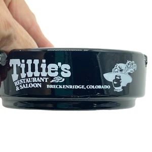 Rare Vintage Tillies Restaurant & Saloon Ashtray Black Glass round 3.25" tobacco - Picture 1 of 5