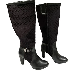 Sz 7.5 Anne Klein Womens Black Riding Boots Silver Buckle Quilted Heel 1541/0615 - Picture 1 of 16
