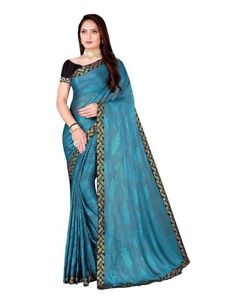 Ethnic Women's Lycra Foil Printed Lace Work Saree With Unstithed Blouse