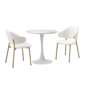 Oikiture 60cm Round Dining Table with 2x Dining Chairs Sherpa Gold&White - Picture 1 of 7