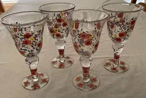 Hand Painted Floral Goblets Glasses Set of 4 Stemmed Wine Glassware Beautiful - Picture 1 of 8