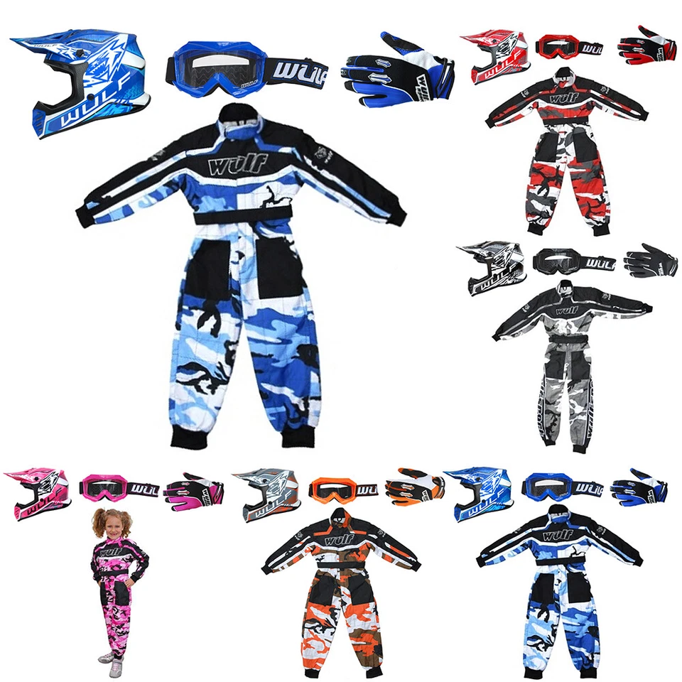 Wulfsport Kids Air-X Cub Helmet Motocross Stratos Gloves Goggles Race Camo Suit