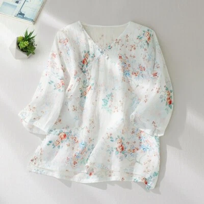 Women Retro Ethnic Floral Shirt Blouse Loose T-shirt Top Thin Casual Summer Chic - Image 1 of 4