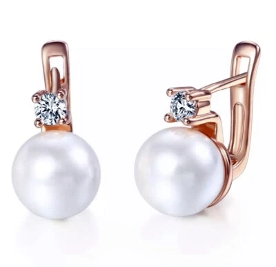 Damen Creolen Pearl Ohrringe Rotgold Vergoldet Kunst Zirkon (synth.) Weiß 019 - Bild 1 von 3