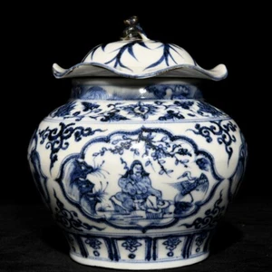Maceta de hoja de loto personaje azul blanco porcelana dinastía yuan antigua de China de 6,8" - Imagen 1 de 9