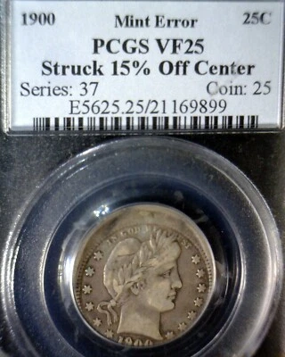 Moneda de un cuarto de plata de barbero 1900 ERROR PCGS EN MUY BUEN ESTADO FUERA DEL CENTRO BONITO LOTE DE FUNCIONAMIENTO TEMPRANO SIN RESERVA Foto 1 de 4