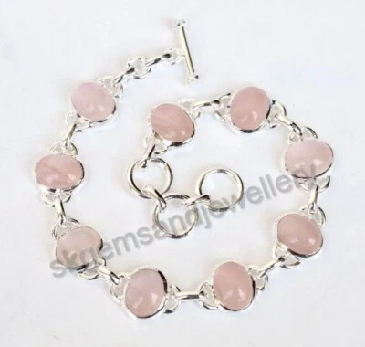 Brazalete de palanca de cuarzo rosa natural ovalado de plata de ley 925 para ella Foto 1 de 4