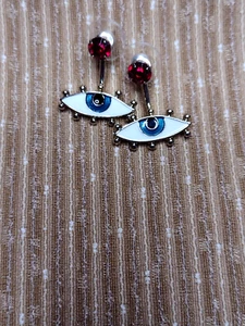 Dali-esque EYE earrings Surreal DADA Enamel Gold, Blue, Red, from BEHIND Earlobe - Picture 1 of 14
