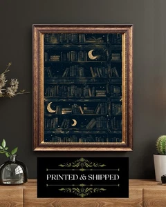 Moon Library Bookshelf Print Gothic Celestial Starry Night Wall Art - Picture 1 of 5