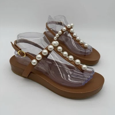 Sandalia Stuart Weitzman Marrón $395 Cuero Sintético Perla Correa en T Talla 8 B Foto 1 de 4