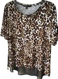 FEVER Top nero alto-basso stampa animalier polsini manica a S casual misto rayon taglia L - Foto 1 di 12