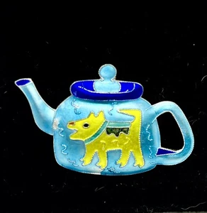 Judith Geiger CHALEUR Enamel Sterling Silver Yellow Happy Dog Tea Pot Pin Brooch - Picture 1 of 6