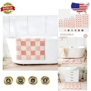 Modern Water Resistant Bath Mat - Pink Checkered 59"x24", Ultra Absorbent - Picture 1 of 11