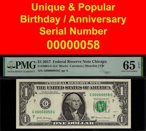 2017 $1 FRN birthday gift PMG 65EPQ gem Chicago low serial number 00000058 - Picture 1 of 3