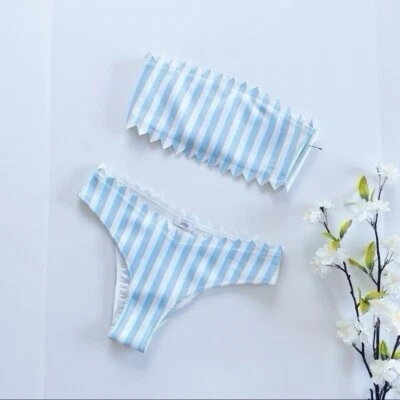 NEW Onia Woman’s Astrid Blue Macro Striped Two Piece Swimsuit Top & Bottom L - Image 1 of 4