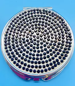 Embellished Round 3" Dia Black Beads/Dot Metal 2 Mirrors Silver-Tone Compact VTG - Picture 1 of 9