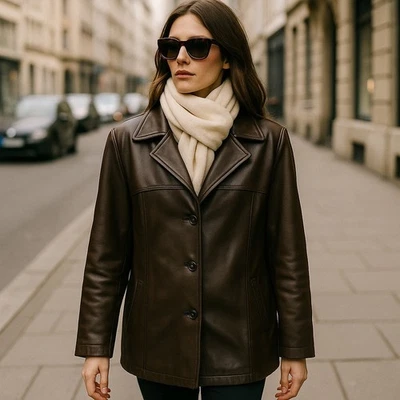 Chaqueta de Cuero Genuino Siena Marrón Chocolate XL Botón Delantero Abrigo Largo Medio Foto 1 de 4